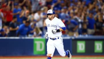 TORONTO, ON - JUNE 28: Eric Sogard #5 of the Toronto Blue Jays hits a home run in the seventh inning during a MLB game against the Kansas City Royals at Rogers Centre on June 28, 2019 in Toronto, Canada. (Photo by Vaughn Ridley/Getty Images)