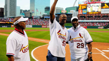 ST. LOUIS, MO - AUGUST 26: Former St. Louis Cardinals Willie McGee #51 Vince Coleman #29 and Ozzie Smith #1 wave to the fans before a game against the Pittsburgh Pirates at Busch Stadium on August 26, 2011 in St. Louis, Missouri. (Photo by Jeff Curry/Getty Images)
