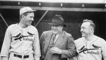 ST. LOUIS - 1934. Dizzy Dean, Branch Rickey, and Frankie Frisch of the St. Louis Cardinals have a laugh in Sportsmans Park before a game in 1934. (Photo by Mark Rucker/Transcendental Graphics, Getty Images)