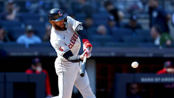 Amed Rosario #1 of the Cleveland Guardians takes a swing in the ninth inning against the New York Yankees at Yankee Stadium on April 24, 2022 in the Bronx borough of New York City. The New York Yankees defeated the Cleveland Guardians 10-2. (Photo by Elsa/Getty Images)
