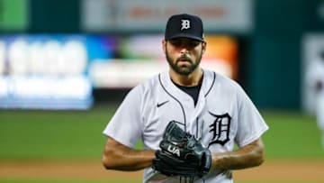 Detroit Tigers pitcher Michael Fulmer (32) walks off the field after pitching against Cleveland during the eighth inning at Comerica Park in Detroit on Wednesday, May 26, 2021.