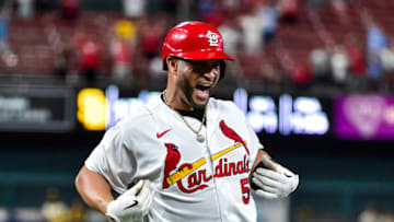 Albert Pujols (5) reacts after hitting a walk-off sacrifice fly against the San Diego Padres during the tenth inning at Busch Stadium. Mandatory Credit: Jeff Curry-USA TODAY Sports