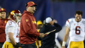 Dec 30, 2015; San Diego, CA, USA; USC Trojans head coach Clay Helton looks on against the Wisconsin Badgers during the second quarter in the 2015 Holiday Bowl at Qualcomm Stadium. Mandatory Credit: Jake Roth-USA TODAY Sports