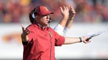 Nov 28, 2015; Los Angeles, CA, USA; Southern California Trojans head coach Clay Helton reacts during an NCAA football game against the UCLA Bruins at Los Angeles Memorial Coliseum. Mandatory Credit: Kirby Lee-USA TODAY Sports