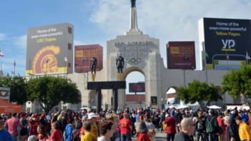 Nov 28, 2015; Los Angeles, CA, USA; General view of the Los Angeles Memorial Coliseum peristyle end and torch before an NCAA football game between the UCLA Bruins and the Southern California Trojans. Mandatory Credit: Kirby Lee-USA TODAY Sports