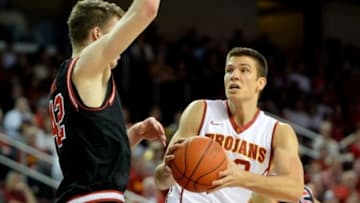 Feb 21, 2016; Los Angeles, CA, USA; Utah Utes forward Jakob Poeltl (42) guards USC Trojans forward Nikola Jovanovic (32) in the first half of the game at Galen Center. Mandatory Credit: Jayne Kamin-Oncea-USA TODAY Sports