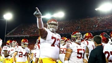 Oct 11, 2014; Tucson, AZ, USA; Southern California Trojans offensive tackle Zach Banner (73) reacts prior to the game against the Arizona Wildcats at Arizona Stadium. Mandatory Credit: Mark J. Rebilas-USA TODAY Sports