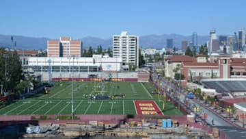 Mar 8, 2016; Los Angeles, CA, USA; General view of Southern California Trojans spring practice at Howard Jones Field with the downtown Los Angeles skyline as a backdrop. Mandatory Credit: Kirby Lee-USA TODAY Sports
