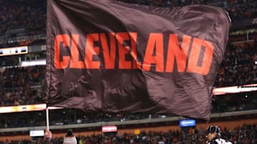 Nov 30, 2015; Cleveland, OH, USA; A Cleveland Browns cheerleader waves a flag against the Baltimore Ravens at FirstEnergy Stadium. The Ravens won 33-27. Mandatory Credit: Aaron Doster-USA TODAY Sports