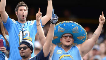 Oct 4, 2015; San Diego, CA, USA; San Diego Chargers fans cheer during the first quarter against the Cleveland Browns at Qualcomm Stadium. Mandatory Credit: Jake Roth-USA TODAY Sports