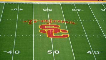 Oct 8, 2015; Los Angeles, CA, USA; General view of the Southern California Trojans logo midfield before the NCAA football game against the Washington Huskies at Los Angeles Memorial Coliseum. Mandatory Credit: Kirby Lee-USA TODAY Sports