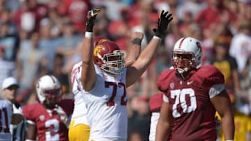 Sep 6, 2014; Stanford, CA, USA; Southern California Trojans tackle Chad Wheeler (72) celebrates after a 53-yard field goal by Andre Heidari (not pictured) in the fourth quarter against the Stanford Cardinal at Stanford Stadium. USC defeated Stanford 13-10. Mandatory Credit: Kirby Lee-USA TODAY Sports