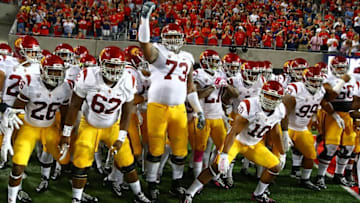 Oct 11, 2014; Tucson, AZ, USA; Southern California Trojans offensive tackle Zach Banner (73), guard Khaliel Rodgers (62) and linebacker Hayes Pullard (10) react prior to the game against the Arizona Wildcats at Arizona Stadium. Mandatory Credit: Mark J. Rebilas-USA TODAY Sports