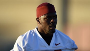 Mar 8, 2016; Los Angeles, CA, USA; Southern California Trojans defensive end Oluwole Betiku (99) during spring practice at Howard Jones Field. Mandatory Credit: Kirby Lee-USA TODAY Sports