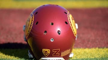 Oct 4, 2014; Los Angeles, CA, USA; General view of Southern California Trojans helmet with letter Z in memory of Louis Zamperini (not pictured) before the game against the Arizona State Sun Devils at Los Angeles Memorial Coliseum. Mandatory Credit: Kirby Lee-USA TODAY Sports