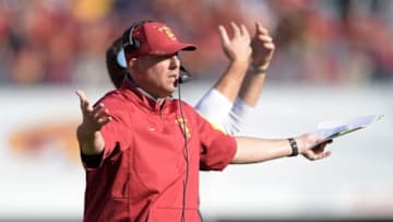 Nov 28, 2015; Los Angeles, CA, USA; Southern California Trojans head coach Clay Helton reacts during an NCAA football game against the UCLA Bruins at Los Angeles Memorial Coliseum. Mandatory Credit: Kirby Lee-USA TODAY Sports
