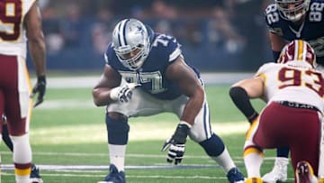 Nov 24, 2016; Arlington, TX, USA; Dallas Cowboys tackle Tyron Smith (77) in action during the game against the Washington Redskins at AT&T Stadium. The Cowboys defeat the Redskins 31-26. Mandatory Credit: Jerome Miron-USA TODAY Sports