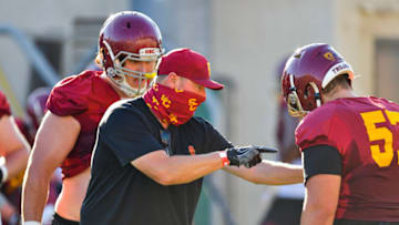 USC football practices in shells on Monday, Oct. 12, 2020 in Los Angeles Calif. (John McGillen via USC Athletics)