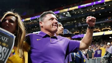 ATLANTA, GEORGIA - DECEMBER 07: Head coach Ed Orgeron of the LSU Tigers celebrates defeating the Georgia Bulldogs 37-10 to win the SEC Championship game at Mercedes-Benz Stadium on December 07, 2019 in Atlanta, Georgia. (Photo by Todd Kirkland/Getty Images)