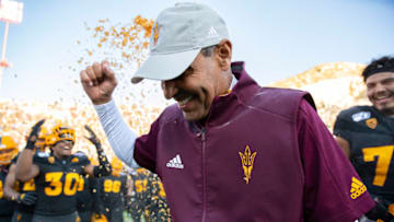 Dec 31, 2019; El Paso, Texas, USA; Arizona State Sun Devils head coach Herm Edwards is doused by Frosted Flakes by his players moments after defeating the Florida State Seminoles 20-14 in the Sun Bowl. Mandatory Credit: Ivan Pierre Aguirre-USA TODAY Sports