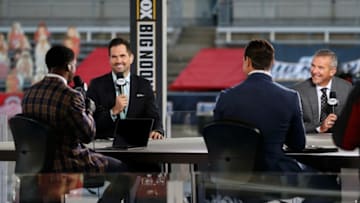 Former Ohio State Buckeyes head coach Urban Meyer, right, works on the set of FOX Big Noon Kickoff with Matt Leinart, second from left and Reggie Bush as they broadcast before a NCAA Division I football game between the Ohio State Buckeyes and the Nebraska Cornhuskers on Saturday, Oct. 24, 2020 at Ohio Stadium in Columbus, Ohio.
Cfb Nebraska Cornhuskers At Ohio State Buckeyes