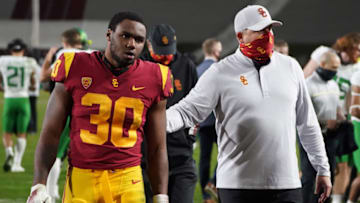 USC football head coach Clay Helton and running back Markese Stepp. (Kirby Lee-USA TODAY Sports)