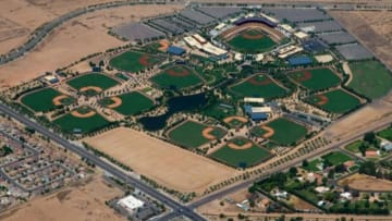 Aug 24, 2015; Glendale, AZ, USA; Aerial view of the baseball fields and stadium of Camelback Ranch , the spring training home of the Los Angeles Dodgers and the Chicago White Sox. Mandatory Credit: Mark J. Rebilas-USA TODAY Sports