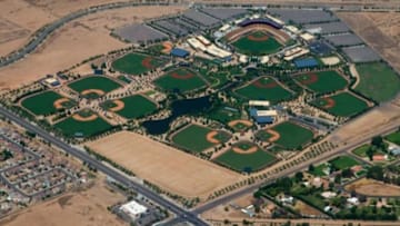 Aug 24, 2015; Glendale, AZ, USA; Aerial view of the baseball fields and stadium of Camelback Ranch , the spring training home of the Los Angeles Dodgers and the Chicago White Sox. Mandatory Credit: Mark J. Rebilas-USA TODAY Sports