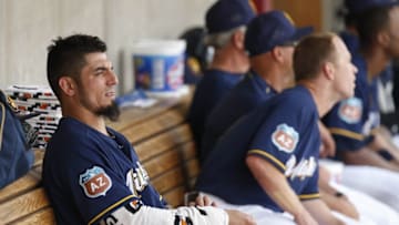 Mar 11, 2016; Phoenix, AZ, USA; Milwaukee Brewers starting pitcher Matt Garza (22) in the third inning during a spring training game against the Texas Rangers at Maryvale Baseball Park. Mandatory Credit: Rick Scuteri-USA TODAY Sports