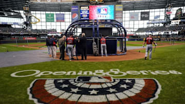 Mar 31, 2014; Milwaukee, WI, USA; The Atlanta Braves takes batting practice before an opening day baseball game against the Milwaukee Brewers at Miller Park. Mandatory Credit: Benny Sieu-USA TODAY Sports