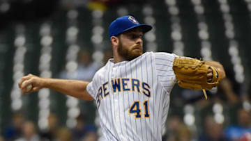 Aug 28, 2015; Milwaukee, WI, USA; Milwaukee Brewers pitcher Taylor Jungmann (41) pitches in the first inning against the Cincinnati Reds at Miller Park. Mandatory Credit: Benny Sieu-USA TODAY Sports