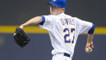 Apr 22, 2016; Milwaukee, WI, USA; Milwaukee Brewers pitcher Zach Davies (27) throws a pitch during the first inning against the Philadelphia Phillies at Miller Park. Mandatory Credit: Jeff Hanisch-USA TODAY Sports