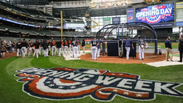 Apr 4, 2016; Milwaukee, WI, USA; Players warm up before the Opening Day game between the Milwaukee Brewers and the San Francisco Giants at Miller Park. Mandatory Credit: Benny Sieu-USA TODAY Sports