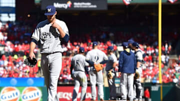 Apr 11, 2016; St. Louis, MO, USA; Milwaukee Brewers starting pitcher Taylor Jungmann (26) reacts after leaving the game against the St. Louis Cardinals at Busch Stadium. Mandatory Credit: Jasen Vinlove-USA TODAY Sports