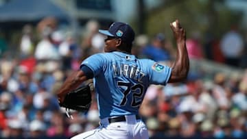 Mar 9, 2016; Port Charlotte, FL, USA; Tampa Bay Rays relief pitcher Jhan Marinez (72) throws a pitch against the Toronto Blue Jays at Charlotte Sports Park. Mandatory Credit: Kim Klement-USA TODAY Sports