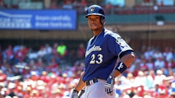 Apr 14, 2016; St. Louis, MO, USA; Milwaukee Brewers center fielder Keon Broxton (23) stands in the on deck circle against the St. Louis Cardinals at Busch Stadium. The Cardinals won the game 7-0. Mandatory Credit: Billy Hurst-USA TODAY Sports
