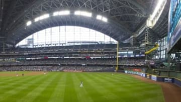 May 1, 2016; Milwaukee, WI, USA; General view of Miller Park during the eighth inning of the game between the Miami Marlins and Milwaukee Brewers. Panoramic image created using Photoshop to combine three separate images. Mandatory Credit: Jeff Hanisch-USA TODAY Sports