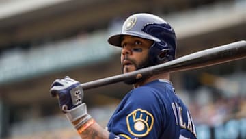 Apr 19, 2016; Minneapolis, MN, USA; Milwaukee Brewers shortstop Jonathan Villar (5) on deck in the eighth inning against the Minnesota Twins at Target Field. The Milwaukee Brewers beat the Minnesota Twins 6-5. Mandatory Credit: Brad Rempel-USA TODAY Sports