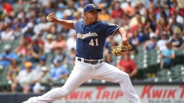 Jul 10, 2016; Milwaukee, WI, USA; Milwaukee Brewers pitcher Junior Guerra (41) pitches in the first inning against the St. Louis Cardinals at Miller Park. Mandatory Credit: Benny Sieu-USA TODAY Sports