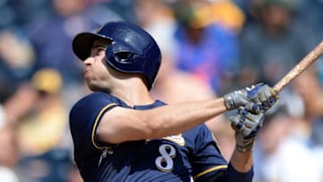 Aug 3, 2016; San Diego, CA, USA; Milwaukee Brewers left fielder Ryan Braun (8) hits a two run home run during the eighth inning against the San Diego Padres at Petco Park. Mandatory Credit: Jake Roth-USA TODAY Sports