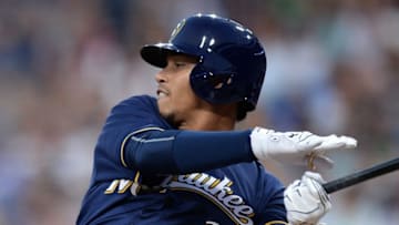 Aug 2, 2016; San Diego, CA, USA; Milwaukee Brewers shortstop Orlando Arcia (3) follows through during the second inning against the San Diego Padres at Petco Park. Mandatory Credit: Jake Roth-USA TODAY Sports