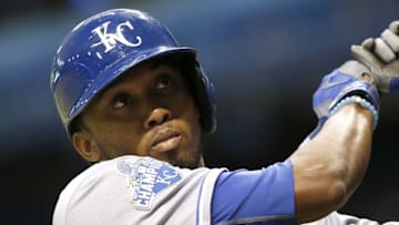 Aug 1, 2016; St. Petersburg, FL, USA; Kansas City Royals shortstop Alcides Escobar (2) on deck to bat against the Tampa Bay Rays during the first inning at Tropicana Field. Mandatory Credit: Kim Klement-USA TODAY Sports