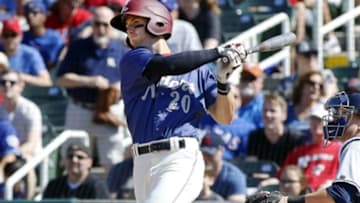 May 1, 2016; Frisco, TX, USA; Frisco RoughRiders center fielder Ryan Cordell (20) watches his solo home run in the first inning against the Corpus Christi Hooks at Dr Pepper Ballpark. Mandatory Credit: Ray Carlin-USA TODAY Sports