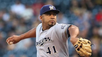 Sep 2, 2016; Pittsburgh, PA, USA; Milwaukee Brewers starting pitcher Junior Guerra (41) delivers a pitch against the Pittsburgh Pirates during the first inning at PNC Park. Mandatory Credit: Charles LeClaire-USA TODAY Sports
