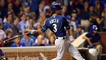 Sep 15, 2016; Chicago, IL, USA; Milwaukee Brewers shortstop Orlando Arcia (3) hits two RBI double during the fourth inning of the game against the Chicago Cubs at Wrigley Field. Mandatory Credit: Caylor Arnold-USA TODAY Sports