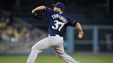 June 16, 2016; Los Angeles, CA, USA; Milwaukee Brewers relief pitcher Tyler Thornburg (37) throws in the eighth inning against Los Angeles Dodgers at Dodger Stadium. Mandatory Credit: Gary A. Vasquez-USA TODAY Sports