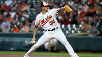 BALTIMORE, MD - JULY 23: Starting pitcher Kevin Gausman #34 of the Baltimore Orioles throws to a Boston Red Sox batter in the second inning at Oriole Park at Camden Yards on July 23, 2018 in Baltimore, Maryland. (Photo by Rob Carr/Getty Images)