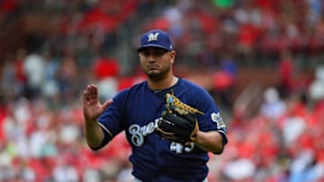 ST LOUIS, MO - AUGUST 19: Jhoulys Chacin #45 of the Milwaukee Brewers celebrates after getting the third out of the fourth inning against the St. Louis Cardinals at Busch Stadium on August 19, 2018 in St Louis, Missouri. (Photo by Jeff Curry/Getty Images)