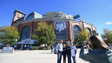 MILWAUKEE, WI - OCTOBER 04: Fans pose outside outfield Miller Park before Game One of the National League Division Series between the Colorado Rockies and Milwaukee Brewers on October 4, 2018 in Milwaukee, Wisconsin. (Photo by Stacy Revere/Getty Images)