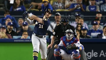 LOS ANGELES, CA - OCTOBER 15: Travis Shaw #21 of the Milwaukee Brewers hits a triple in the sixth inning against the Los Angeles Dodgers in Game Three of the National League Championship Series at Dodger Stadium on October 15, 2018 in Los Angeles, California. (Photo by Jeff Gross/Getty Images)